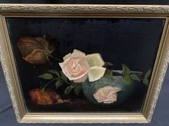 Victorian Antique Floral Still life Roses Oil Painting 11×13.75″ Circa !900