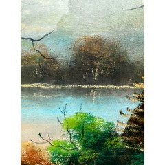 Antique Large Pastel Chalk Painting Mountain Lake Scene Gold Frame 32.5×20.5″