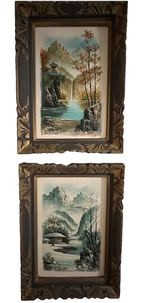 Vintage Set Of 2 SUH JIN HEE Oil Paintings Landscape Autumn Winter Framed Signed