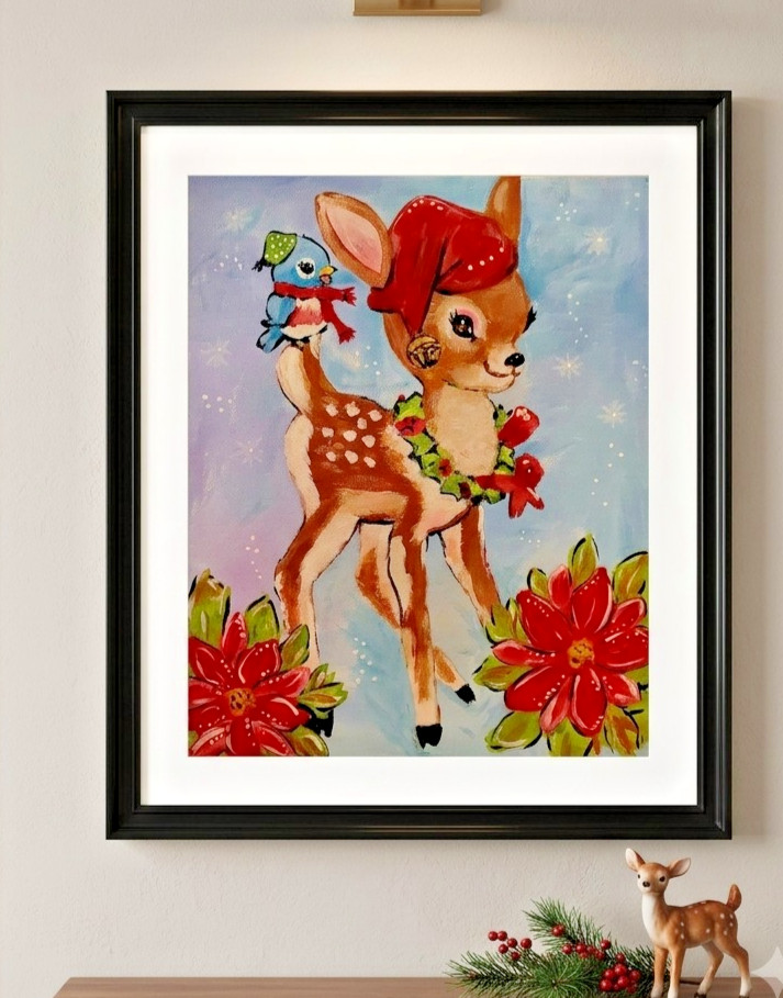 Original Art Painting Christmas Baby Doe Deer And Blue Bird Poinsettia 8×10″