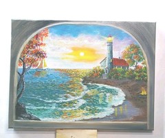 Art 12″/16″ Oil painting, Lighthouse Landscape, Stretched canvas