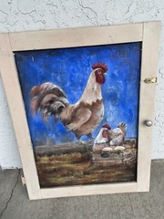 acrylic painting on old cabinet door 33 x 25 1/2 rooster & chicken fbm lh