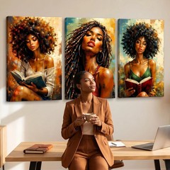 Framed Modern Abstract African American Women Wall Art Set of 3 Painting Canvas