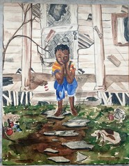 Vintage Folk Art Watercolor Painting, Young Black Boy Sitting on a Porch w/ Dog