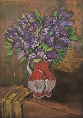 Original Purple Lilac Still Life Vintage Retro Dry Pastel Painting 8.3 x 11.4 in