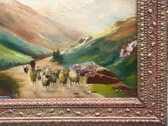 Walker (British), ANTQ 19th C British O/B „Shepherd & Sheep in Mountain“ Signed