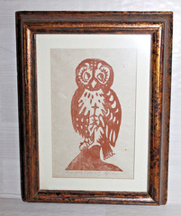„Sobriety“ 1971 Olive Hand-Painted Owl Wall Picture in Gold Frame 5″ x 7″ Framed
