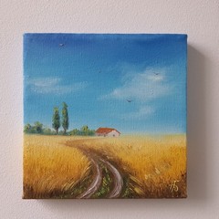 Golden Wheat Field Farmhouse Original Oil Painting Country Landscape Wall Decor