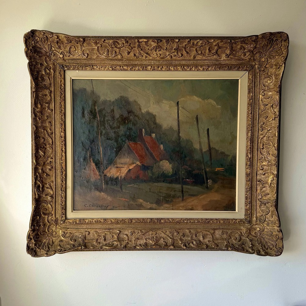 Handcrafted Oil Painting Landscape „Red Roofs Scene“ Authentic Belgique Art