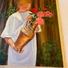 Girl with flowers Young woman portrait original painting Vintage 90s roses