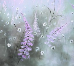 Large statement floral landscape painting pink blue flowers wall art