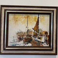 Vintage 1960’s Italian Oil Painting Boats In Harbor Scene Framed and Signed