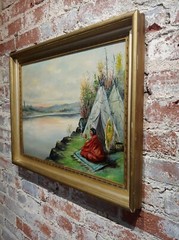 C. Faunce – Native American Smoking his Pipe by a Lake -Oil painting – c.1910s