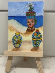 Aceo Italian pottery by the sea whimsical colorful sunny seaside flowers lady