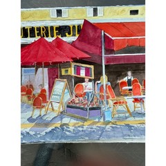 Nice Cafe Original Watercolor Painting French Street Scene 2004 Warren C Plauche
