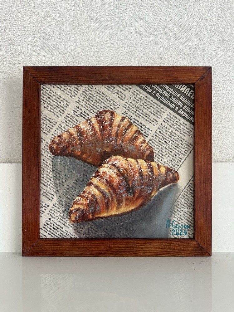 original oil painting Croissants On Newspaper 25x25cm Art For Kitchen Still Life