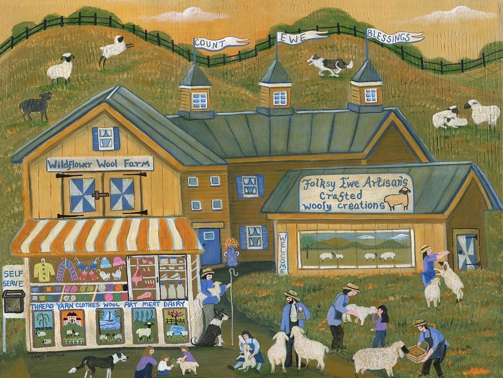 OrIgInAl Acrylic FoLk ART PaInTiNg ShEEp EwE FaRm WooL ArTiSaNs BaRn FlOwEr KidS