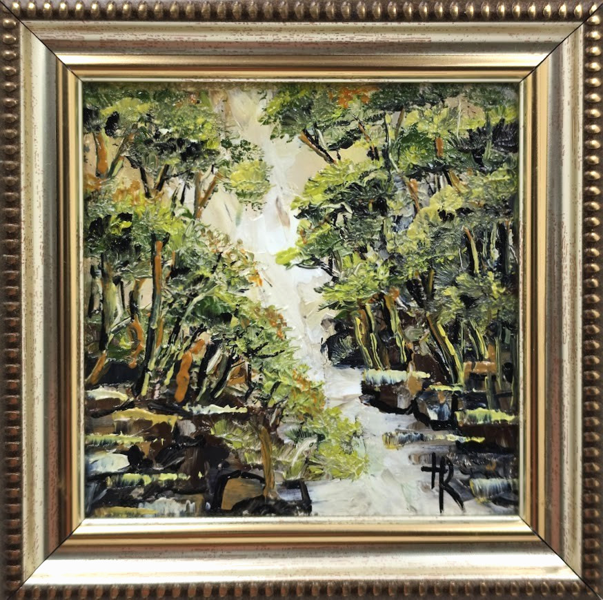 Original Oil Painting 4×4 in Framed Signed Evening Forest Landscape Impasto Art