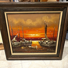 De Marco Signed Framed Impressionist Canvas Seascape Sunset Boats Seagulls 24X20
