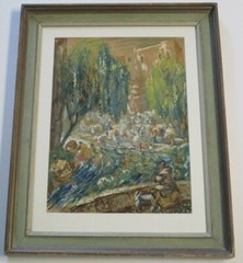 MASTERFUL ANTIQUE IMPRESSIONISM PAINTING PEOPLE WASHING CLOTHES LUKS STYLE ERA