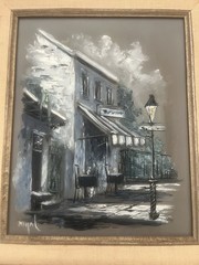 Vintage Hand-Painted European Street Scene Framed Art Christmas 1973