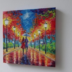 Small Oil Painting on Canvas Autumn Park Couple Umbrella Vibrant Colors Wall Art