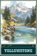 Yellowstone Park Fly Fishing Travel Poster for Prints Framed or Canvas