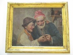 ANTIQUE OIL PAINTING SIGNED ITALIAN ITALY MAN AND CHILD SMOKING THE PIPE OLD
