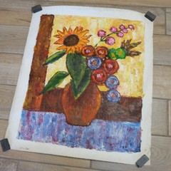 Vintage 1970s Oil on Canvas Art Painting Flowers Sunflower Planter Base – Signed