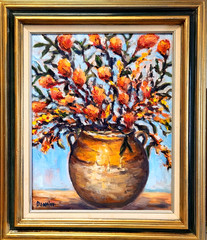 Oil Painting Vase Flowers Olive Branches Jar Still Life Original Frame – Donalee