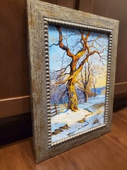 Original Oil Art Framed winter landscape painting with trees and bright blue sky