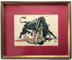 Vintage Trampled Matador Bull Fighter Original Watercolor Painting Bullfighting