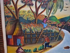 Vintage Haitian Folk Art Painting Signed A.J. Michel Hand Painted 26″ X 33″ EUC