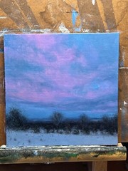 Original oil painting, Winter Evening Glow , landscape painting, snow, sunset
