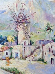 Tomas Vila Puigdemon (1952): WINDMILL IN SPANISH VILLAGE, original oil painting