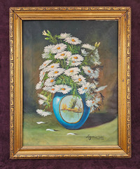 Vintage 1970’s Oil Painting Still Life Yellow Flowers Vase Framed Signed READ