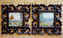 JOSE SALGUERO, ECUADORIAN FOLK ART OIL on PLASTIC SIGNED VINTAGE PAIR LANDSCAPE
