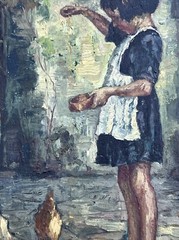 ANTIQUE IMPRESSIONISM PORTRAIT CHILD GIRL FEEDING CHICKENS SIGNED MYSTRY ITALIAN