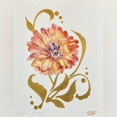 Bumblebee Original Watercolor Painting bee Dahlia Flower Art Gold accent floral