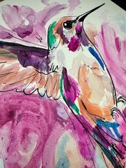 Hummingbird Painting Floral Bird Pinks 11×14 Original Garden Decor Modern Home