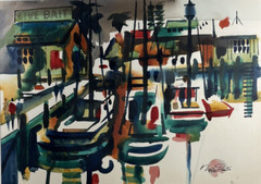 NOEL QUINN MODERNIST ABSTRACT HARBOR COASTLINE CALIFORNIA WATERCOLOR PAINTING