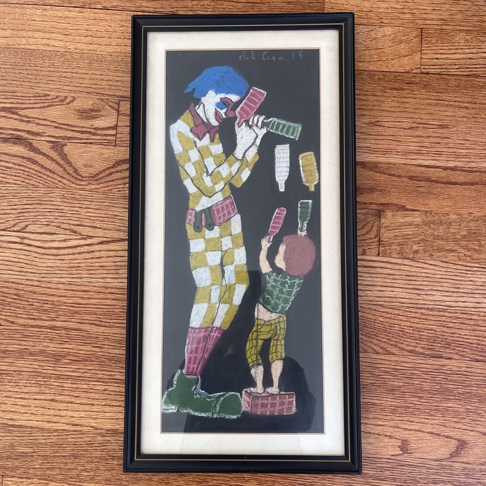 Vintage Original Painting Gouache Clown Juggling W/Child Signed Framed 21×10 EXC