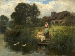 Oil painting Henry+John+Yeend+King-Welford+On+Avon girls by landscape