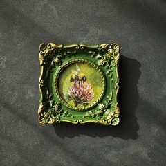 Miniature Bee Wall Art in Ornate Green Frame | Bumblebee Painting | Nature Lover
