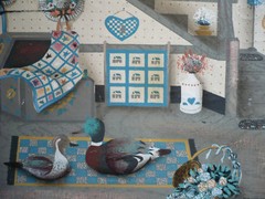 Hamilton, Vintage American Folk Art Painting Signed Genre Ducks Country Decor
