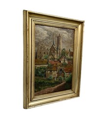 1940s Original Oil Painting On Board Signed Castle Ruins With Church + Village