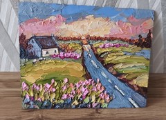 Original Oil Painting Scotland Sunset Landscape Impasto Art on Panel 8x10in