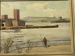 Mid-Century Oil Painting Fisherman Harbor Scandinavian B. Forsberg Artist