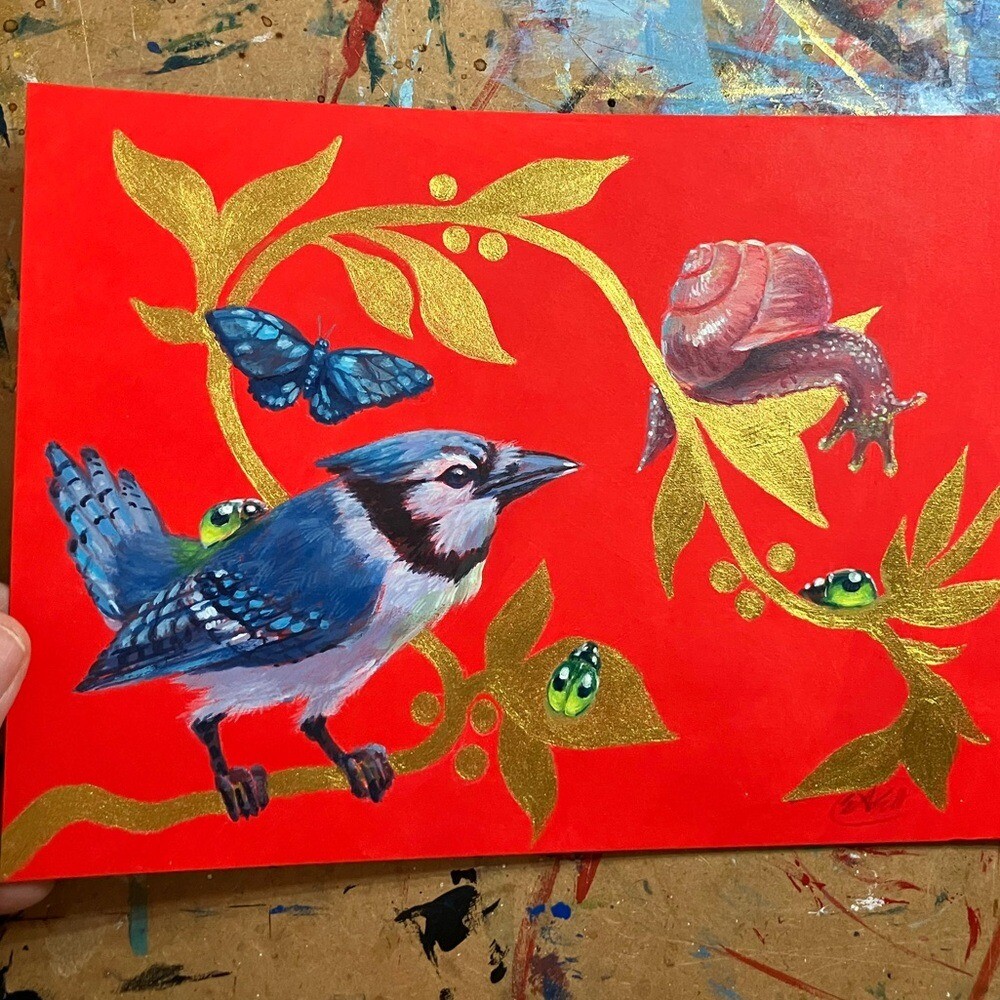 Original painting Jay bird snail ladybug art surrealism home decor Artettina