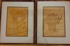 Vintage Asian Silk Paintings Set of 2 ~ Rhino And Deer 19” X 15” Signed